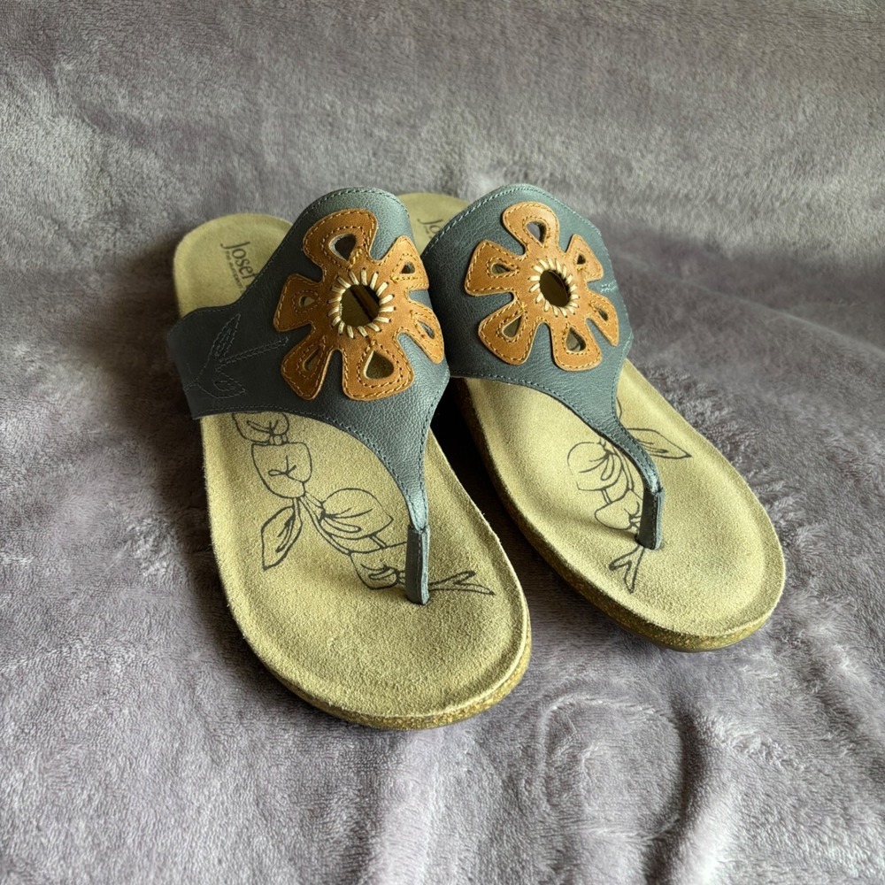 Josef Seibel Women Grey Leather Floral Cutout Thong Wedge Sandals Size 42